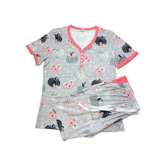 Shirley & Stone Other - PAJAMA SET Pumpkins On Gray with Pink Trim SIZE Xl BY SHIRLEY & STONE FIT 16/18